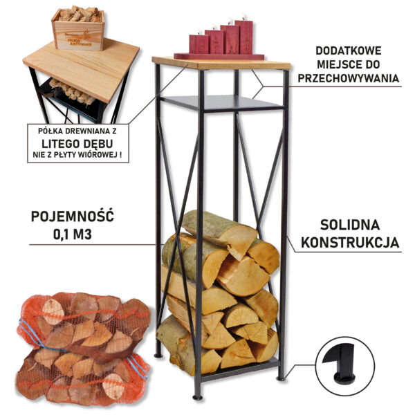 STABILNY REGAŁ NA DREWNO KOMINKOWE, STOJAK NA DREWNO OPAŁOWE KOSZ KWIETNIK Z DREWNIANĄ PÓŁKĄ LOFT DREWUTNIA - obrazek 3